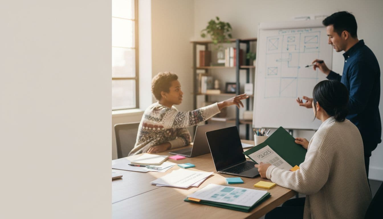 A small justice nonprofit team collaborates around a conference table in a systems inventory workshop, reviewing blurred templates, sketching shapes on a whiteboard, and pointing at a laptop screen in a calm, focused office environment.
