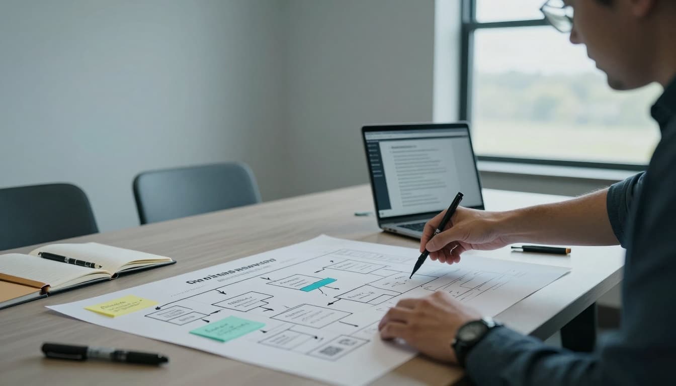 A small justice nonprofit team collaborates in a community workspace, drawing flowcharts on large paper to map client intake and referral processes during a systems inventory workshop. The calm, focused scene features soft natural light and practical tools like markers and blurred sticky notes.