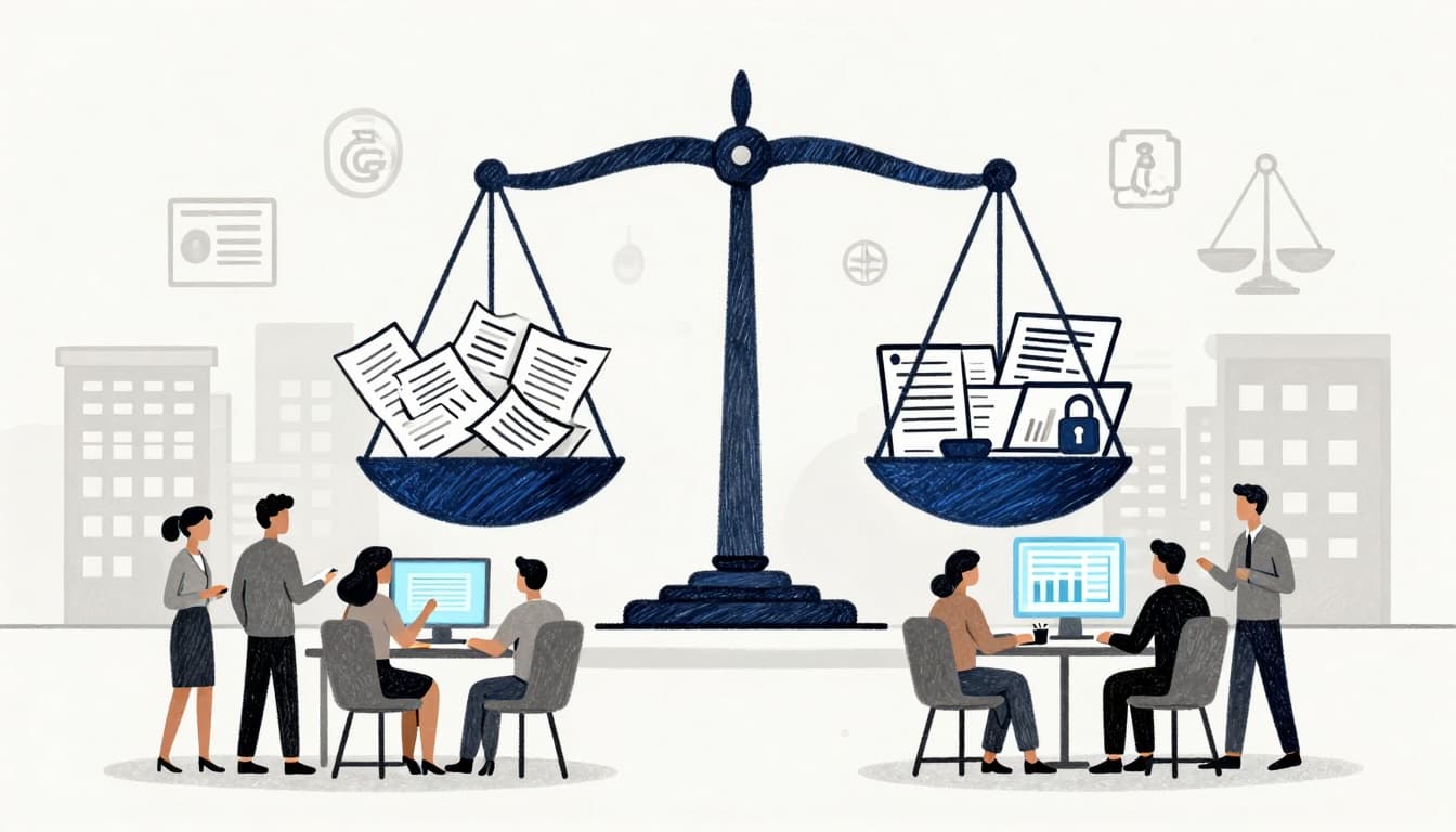 Minimalist sketch-style illustration of a justice scale balancing messy papers and spreadsheets against organized charts, laptops, and locks, with diverse legal professionals and analysts collaborating on glowing screens.