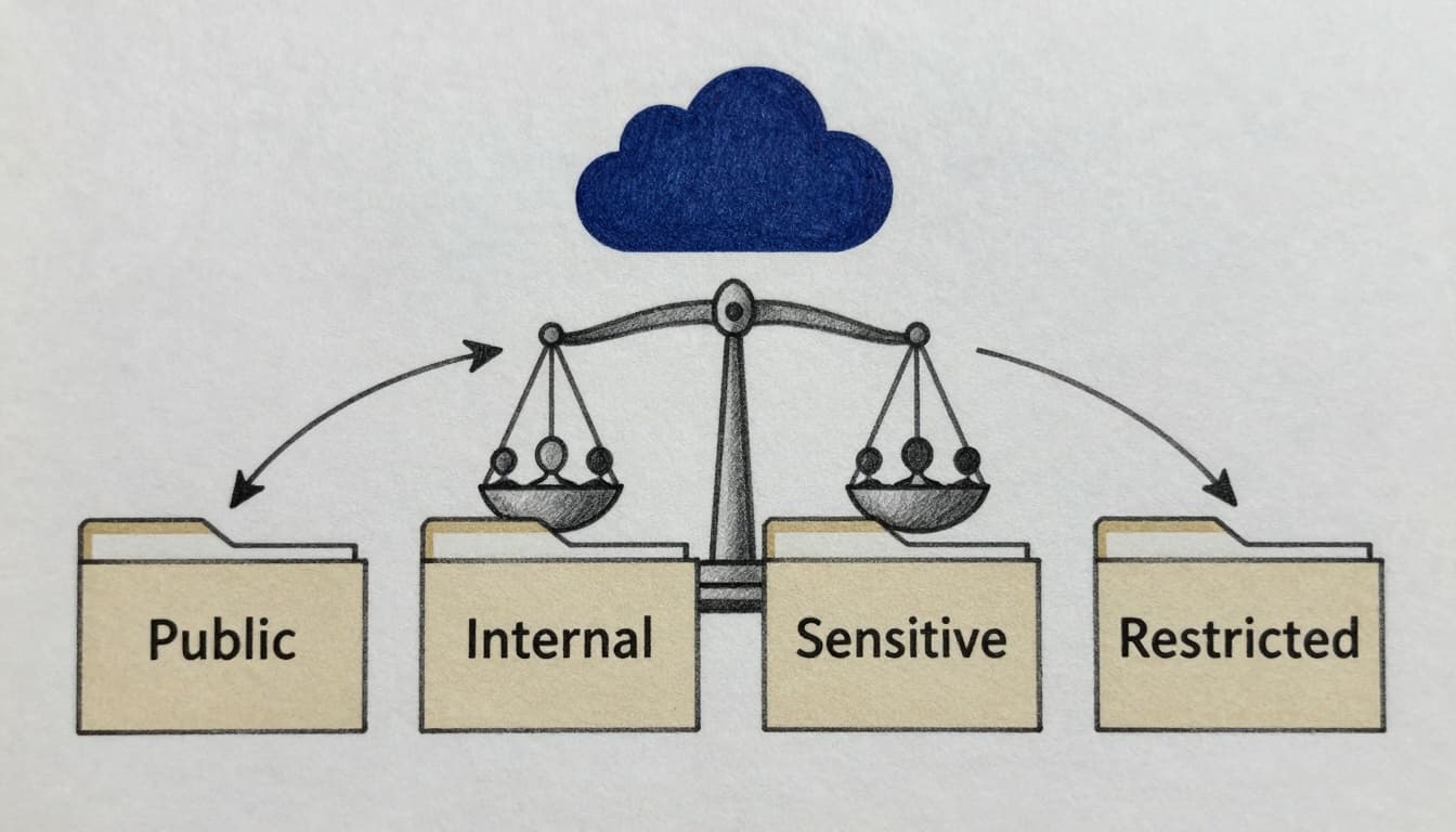 Minimalist sketch-style illustration showing scales of justice balanced with community silhouettes, connected to a secure cloud symbol, with data arrows flowing into four labeled folders: Public, Internal, Sensitive, Restricted.