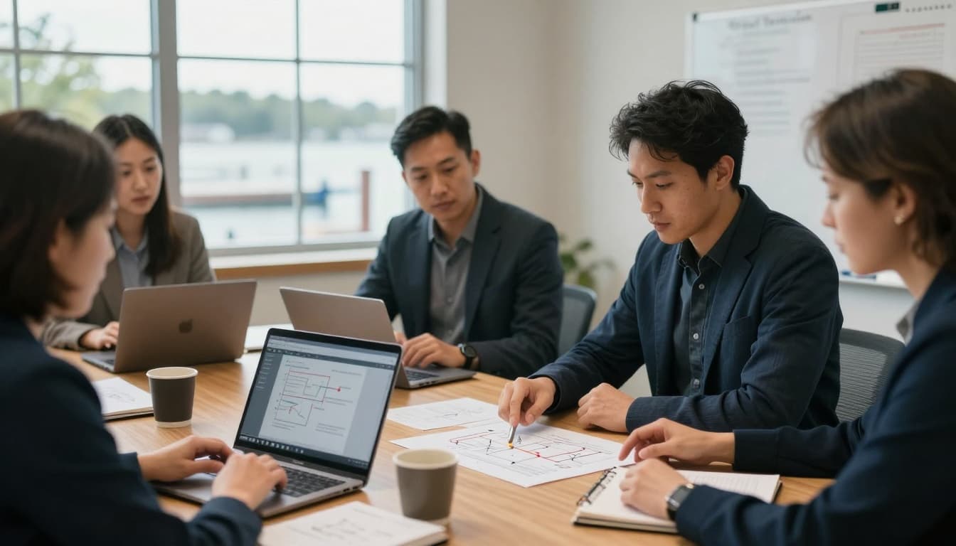 A small group of three professionals from justice support networks sits around a wooden conference table in a softly lit room, collaborating over laptops and printed workflow diagrams showing intake to handoff processes, with one pointing to a key step.