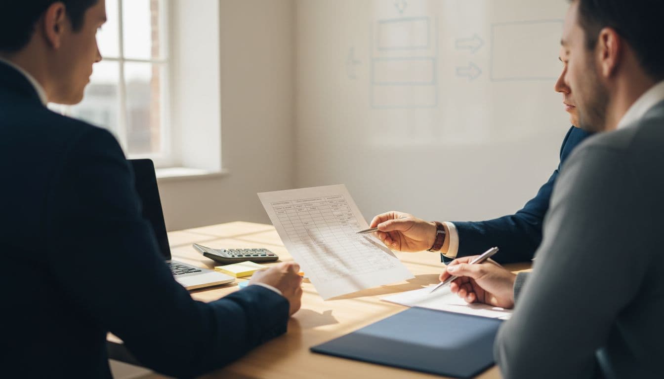 Leadership team reviewing a one-page technology budget in a conference room