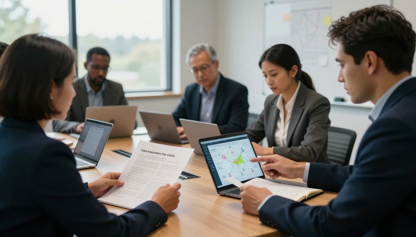 Legal aid and partner staff reviewing a shared cyber risk plan in a conference room