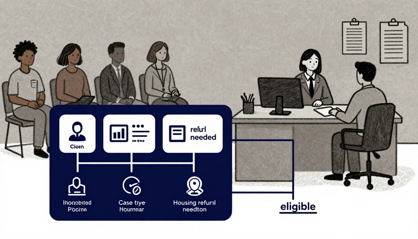 Minimalist sketch-style line art illustration of a legal aid eligibility screening process, featuring a flowchart with icons for income, household size, and case types branching to eligible or referral paths, accented in bold blue on a clean white background.