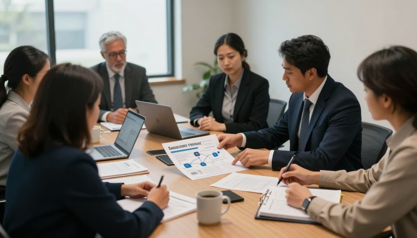Executive leaders from a legal aid organization collaborate around a conference table, reviewing printed data privacy strategy maps and notes in a quiet, documentary-style setting with soft natural light.