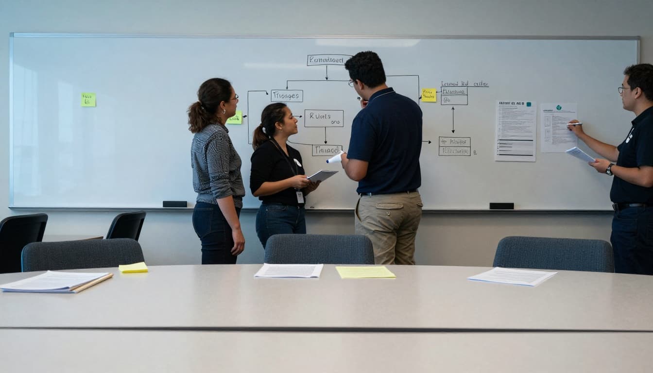 Legal aid intake team discussing triage steps around a whiteboard.