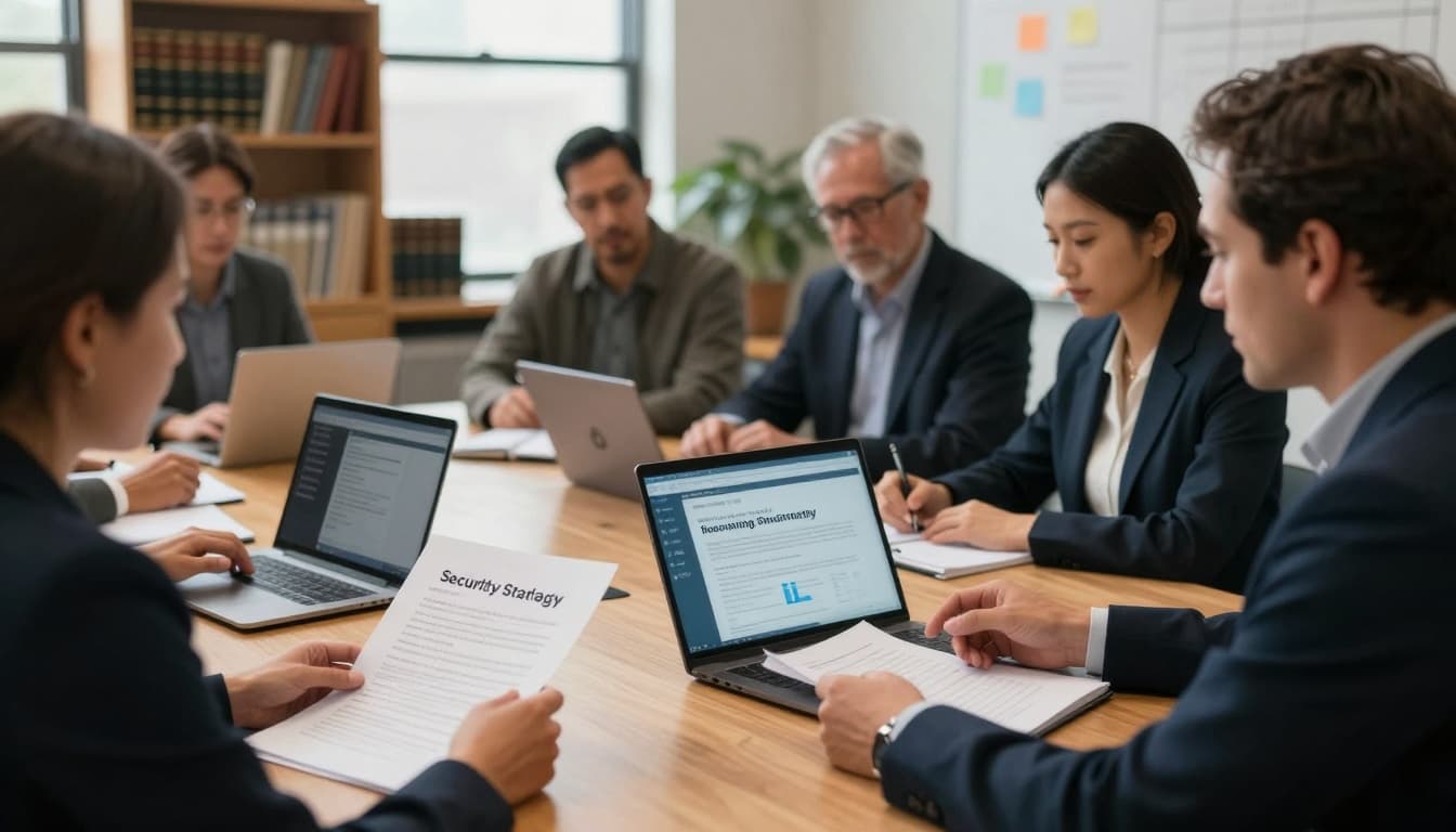 Executive leaders from legal aid organizations gather around a wooden table in a community workspace, reviewing printed data security documents and laptops to protect client information and ensure service continuity.