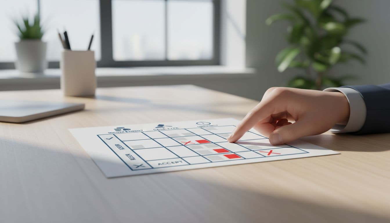 Modern illustration of a grid matrix showing legal aid case acceptance rules on a clean office desk, with one hand pointing to it, in soft natural light using a controlled blue and gray palette with red accents.