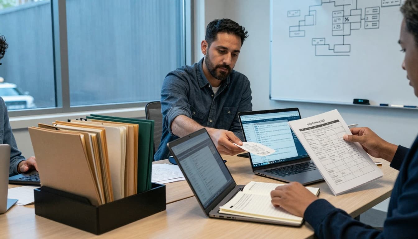 Legal aid team calmly logging deadlines and updating a case checklist