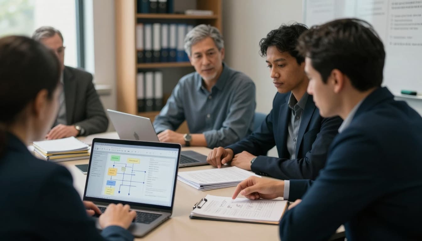 Executive leaders and frontline staff at a civil legal aid organization collaborate in a small conference room to streamline case flow and replace spreadsheet chaos, captured in a photo-realistic documentary style with calm, focused mood.