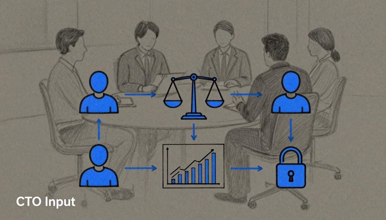 Illustration of a team planning a justice-focused data roadmap with people, justice scales, charts, and a lock connected in a simple flowchart.
