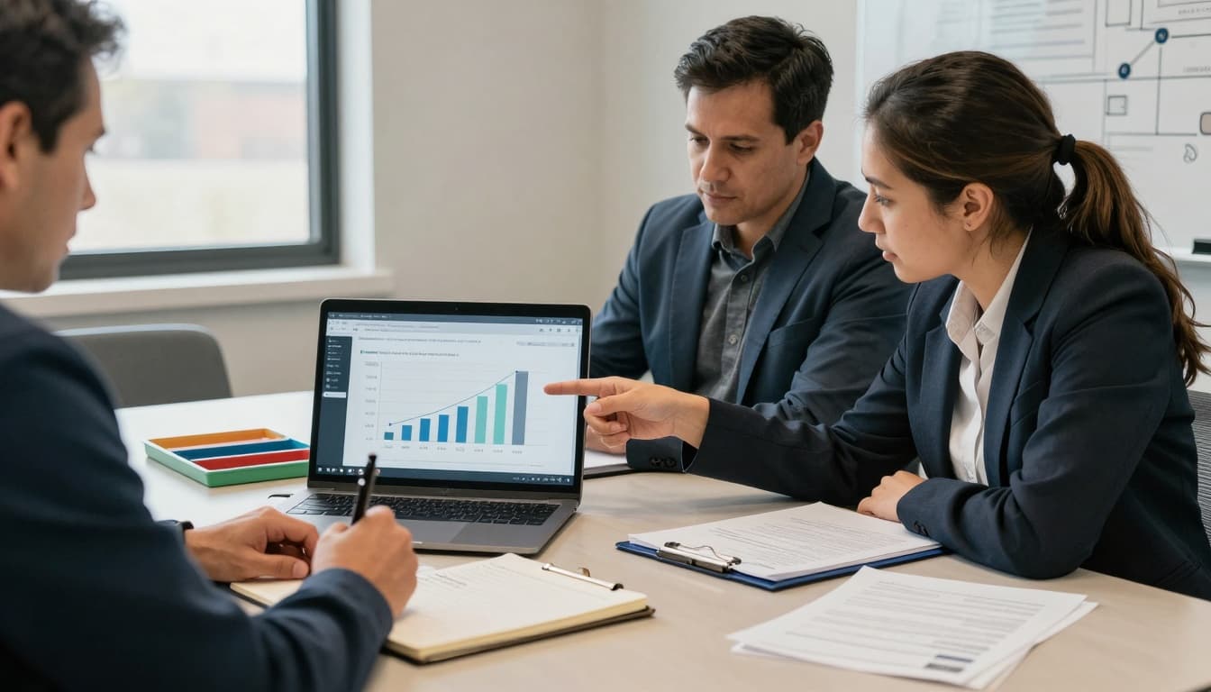 In a calm conference room bathed in soft natural light, operations leaders at a legal nonprofit review blurred laptop metrics showing rising completed intakes, with one pointing to a chart and another taking notes amid practical tools and turned-away forms.