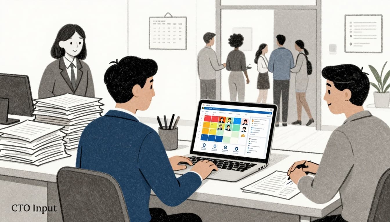 Illustration of a legal nonprofit leader moving from piles of paper and spreadsheets to a calm screen with organized volunteer schedules and secure data icons. Image generated by AI.