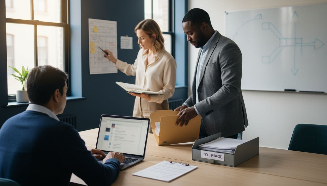Team collaborating on a single inbox-to-case workflow in a tidy office