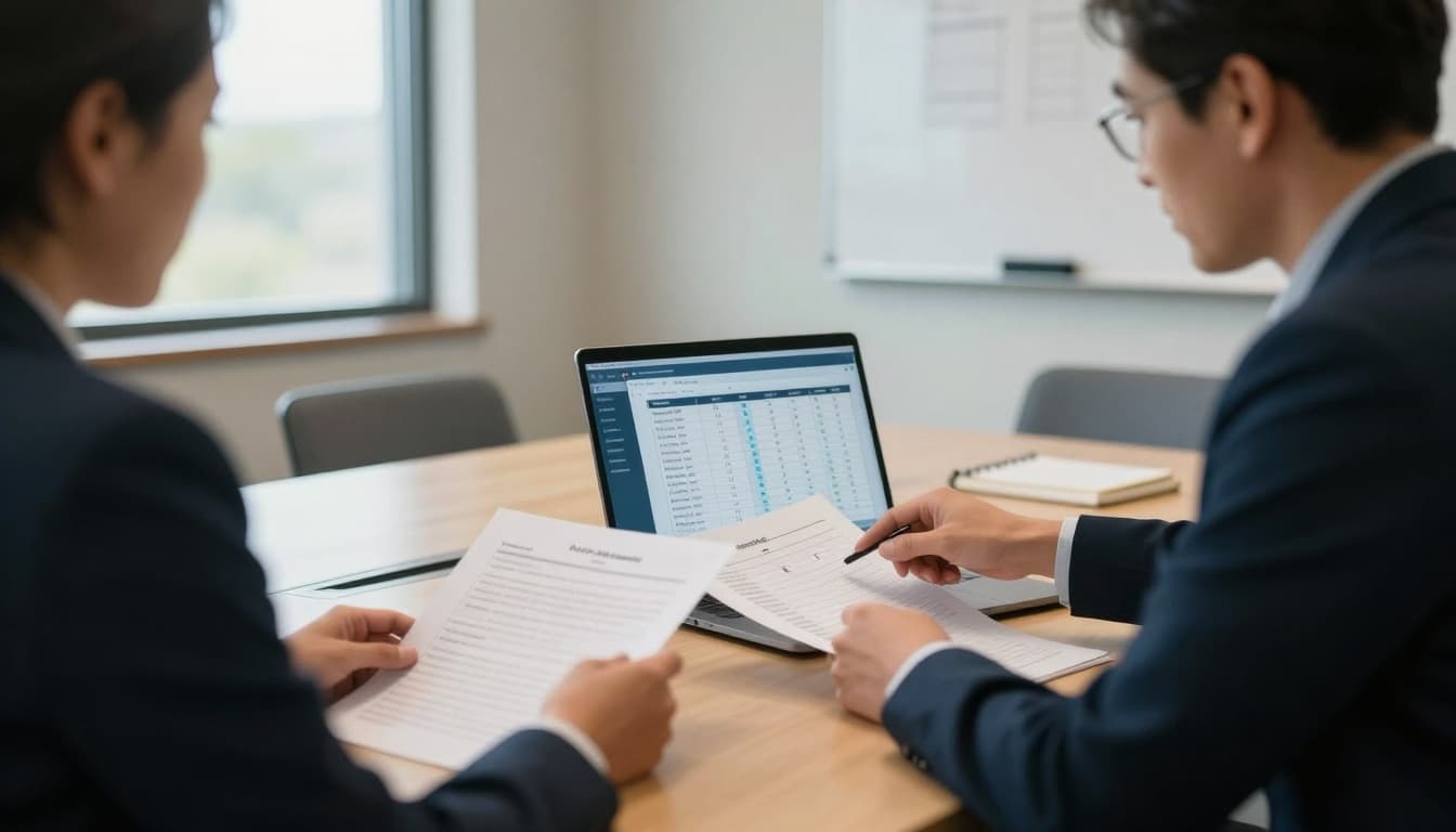 Over-the-shoulder view of two legal professionals at a wooden conference table, reviewing printed workflow maps and laptops with shared case updates, one pointing to a handoff checklist amid soft natural daylight.