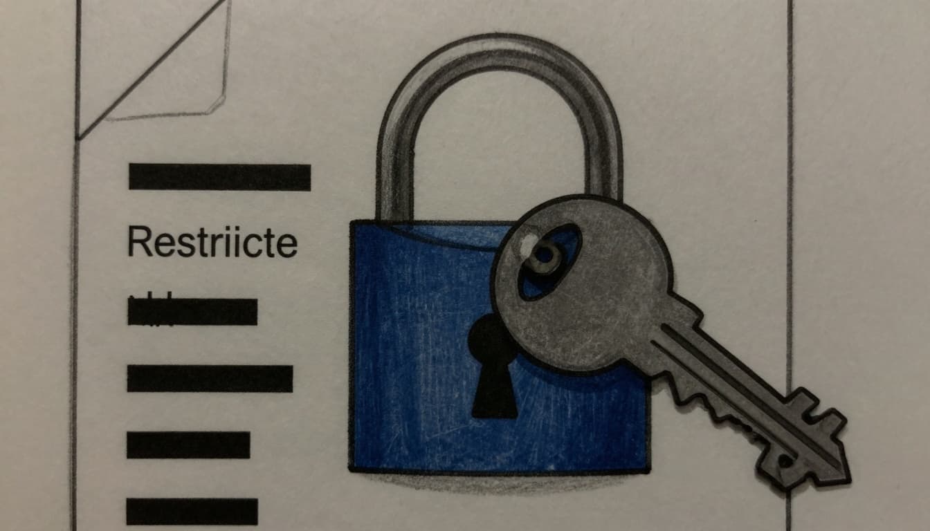 Minimalist sketch-style line art illustration of a locked document with a large padlock, key overlay, and blacked-out redaction marks on a clean white background, emphasizing restricted data protection and least-privilege access.