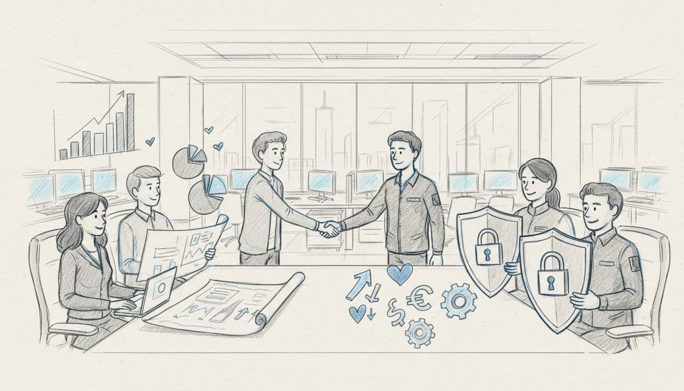 Sketch of marketing and cybersecurity teams shaking hands over a table with trust and growth symbols, in a modern office setting. Image created with AI.