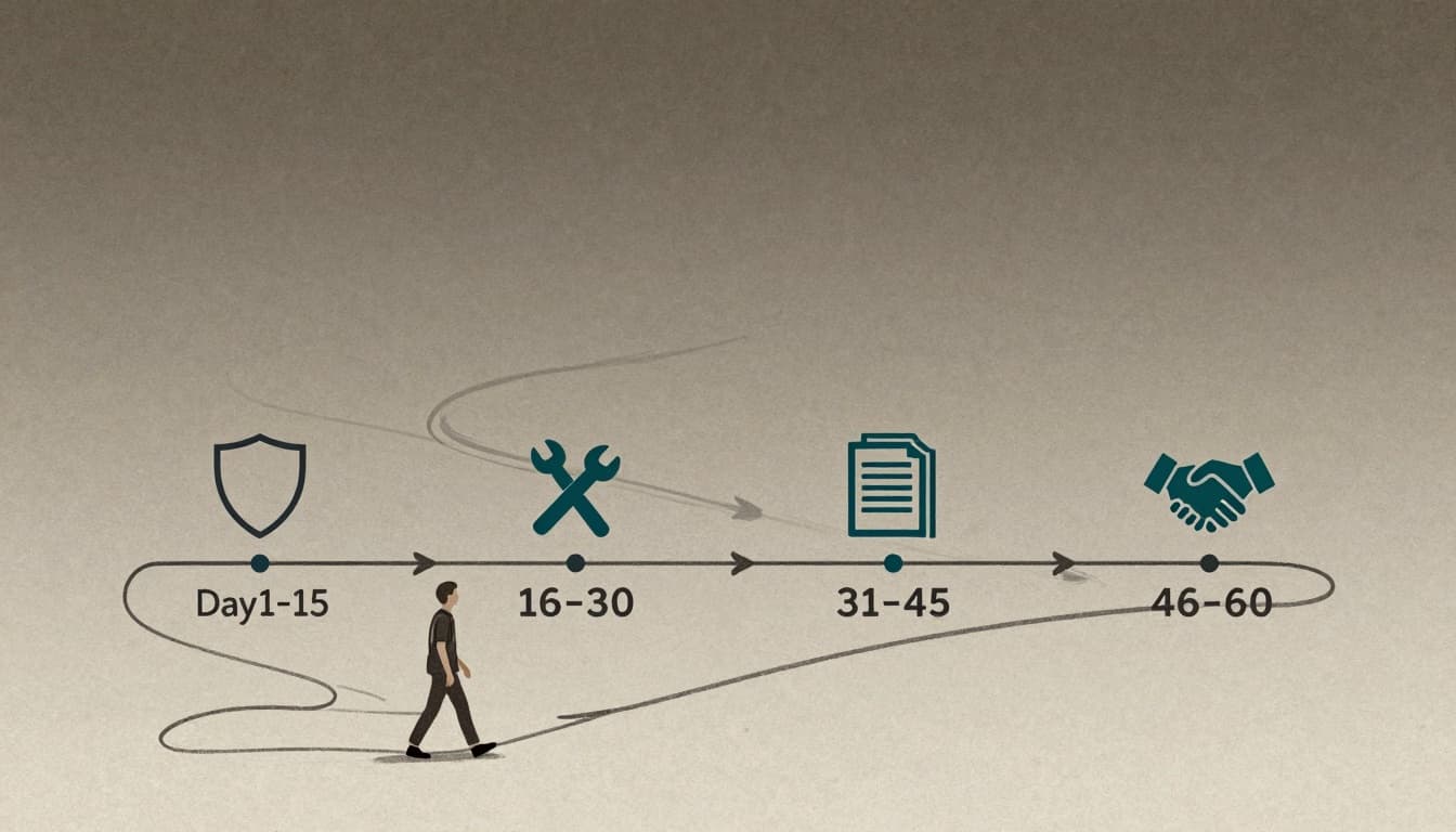 Sketch-style line art illustration of a winding roadmap timeline divided into four segments for Days 1-15 (shield), 16-30 (wrench), 31-45 (document stack), and 46-60 (handshake), with a calm walking figure and subtle progress arrows in neutral tones accented by deep teal on a white background.