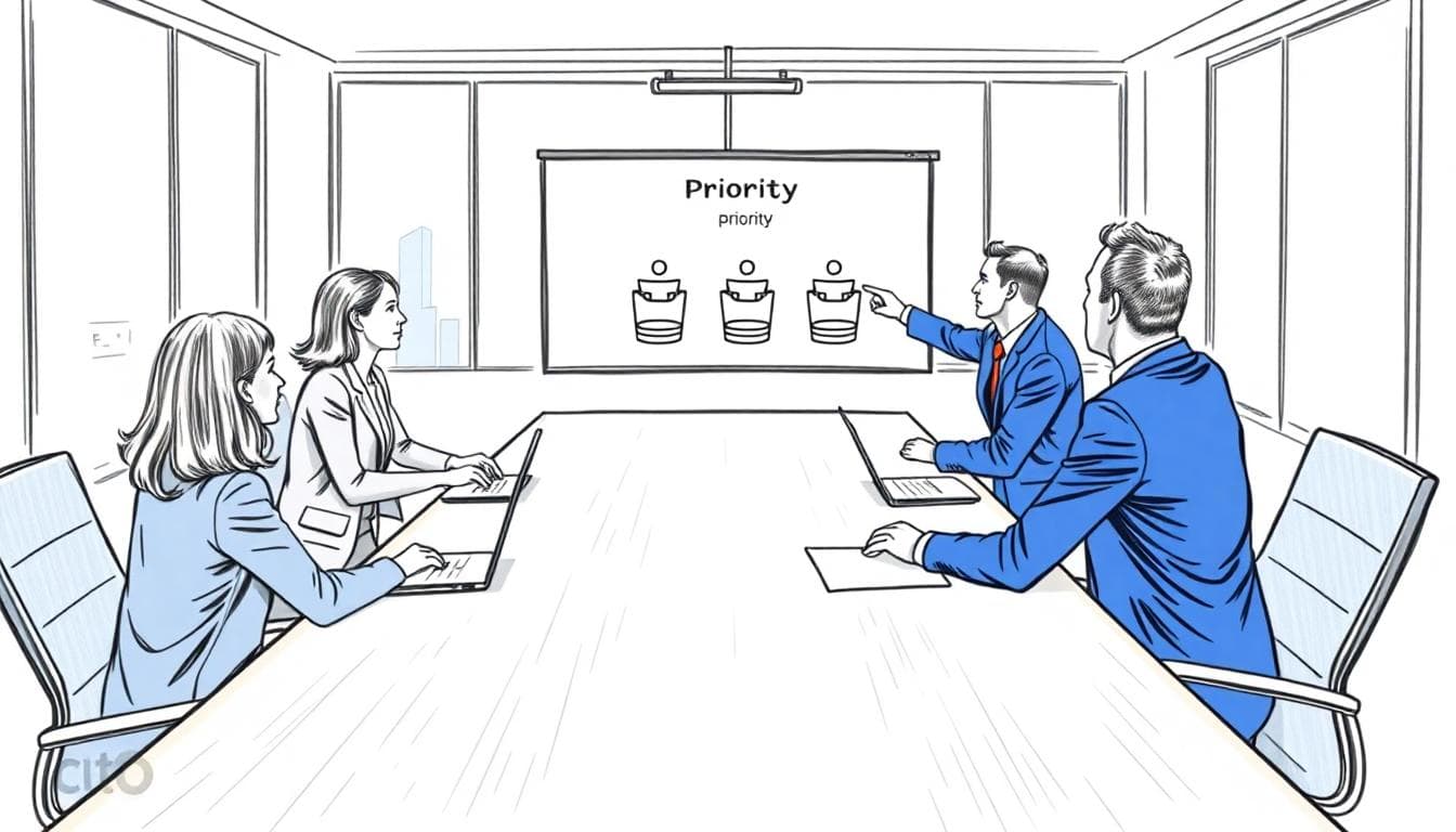 Minimalist sketch of executives in a board meeting reviewing a priority chart on a screen. Image created with AI.