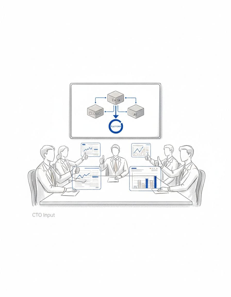 Illustration of calm boardroom leaders reviewing clear dashboards and a simple tech stack visualized on screen, looking confident. Image created with AI.