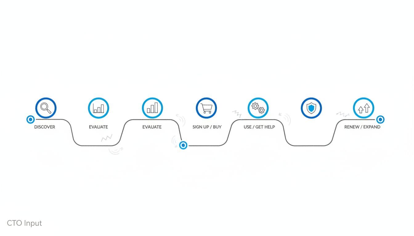 Minimalist illustration of a five-stage digital customer journey with subtle security icons along the path