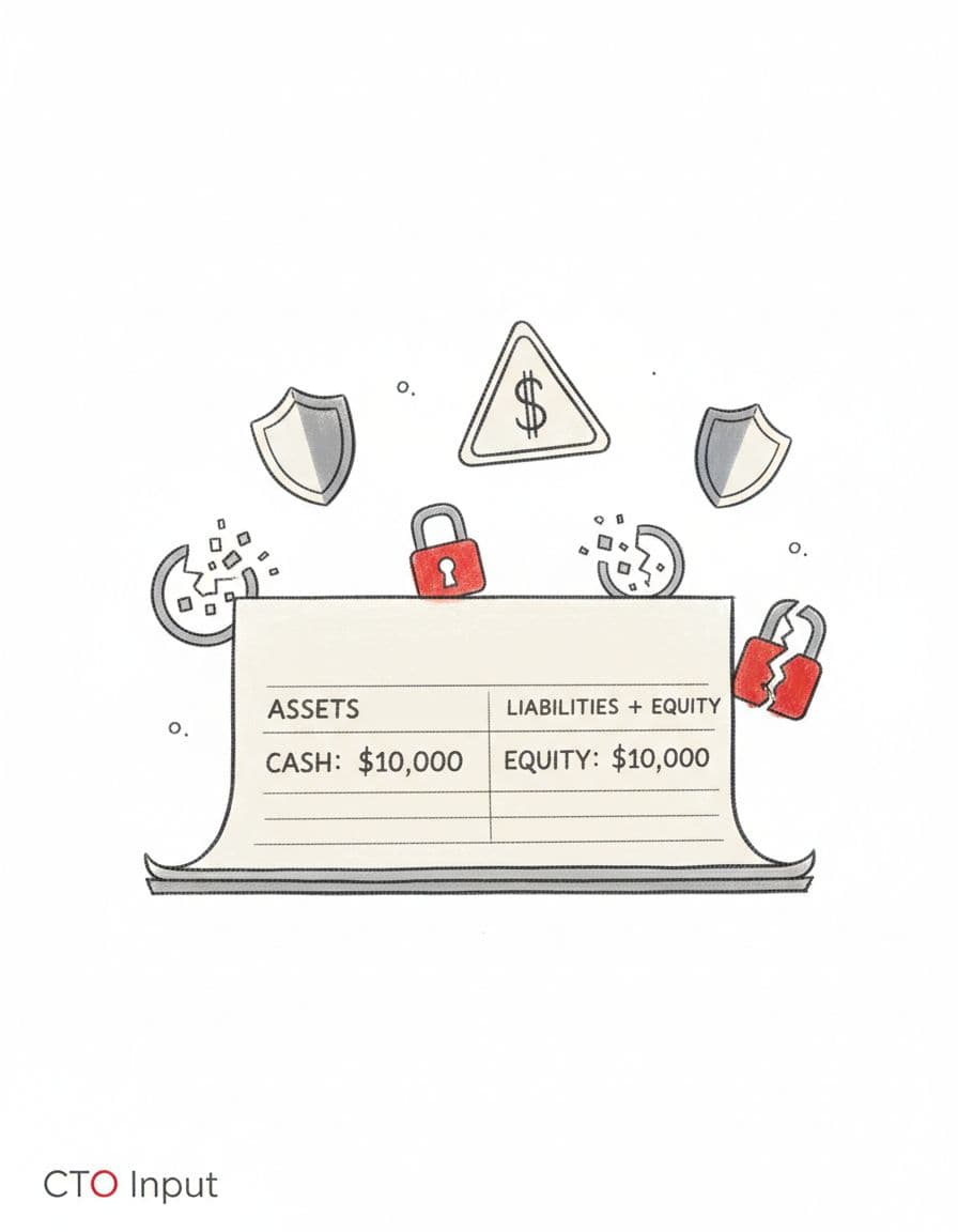 Illustration of a balance sheet with cyber threat icons floating around it. Image created with AI.