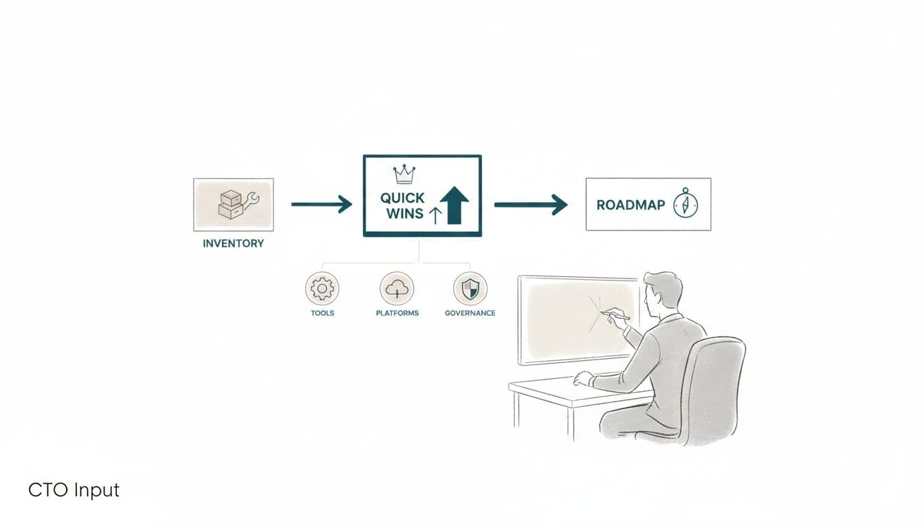 Illustration of a simple roadmap flowchart from inventory to quick wins to long-term roadmap, with an executive mapping it out. Image generated by AI.