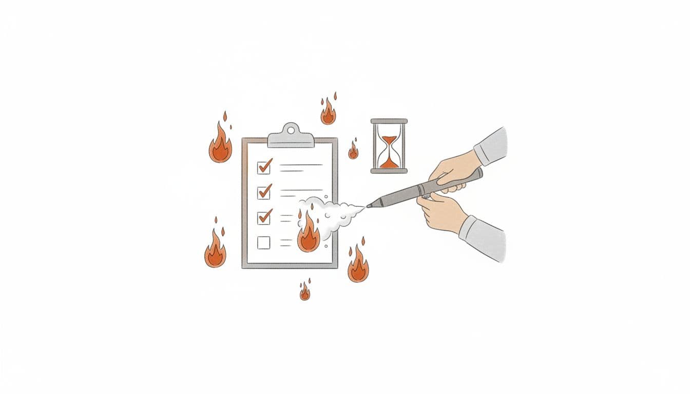 Sketch-style line art illustration of a controlled fire drill metaphor featuring a central checklist, 60-day timer, and hands using a pen-shaped extinguisher on tiny flames, in neutral tones with burnt orange accent.
