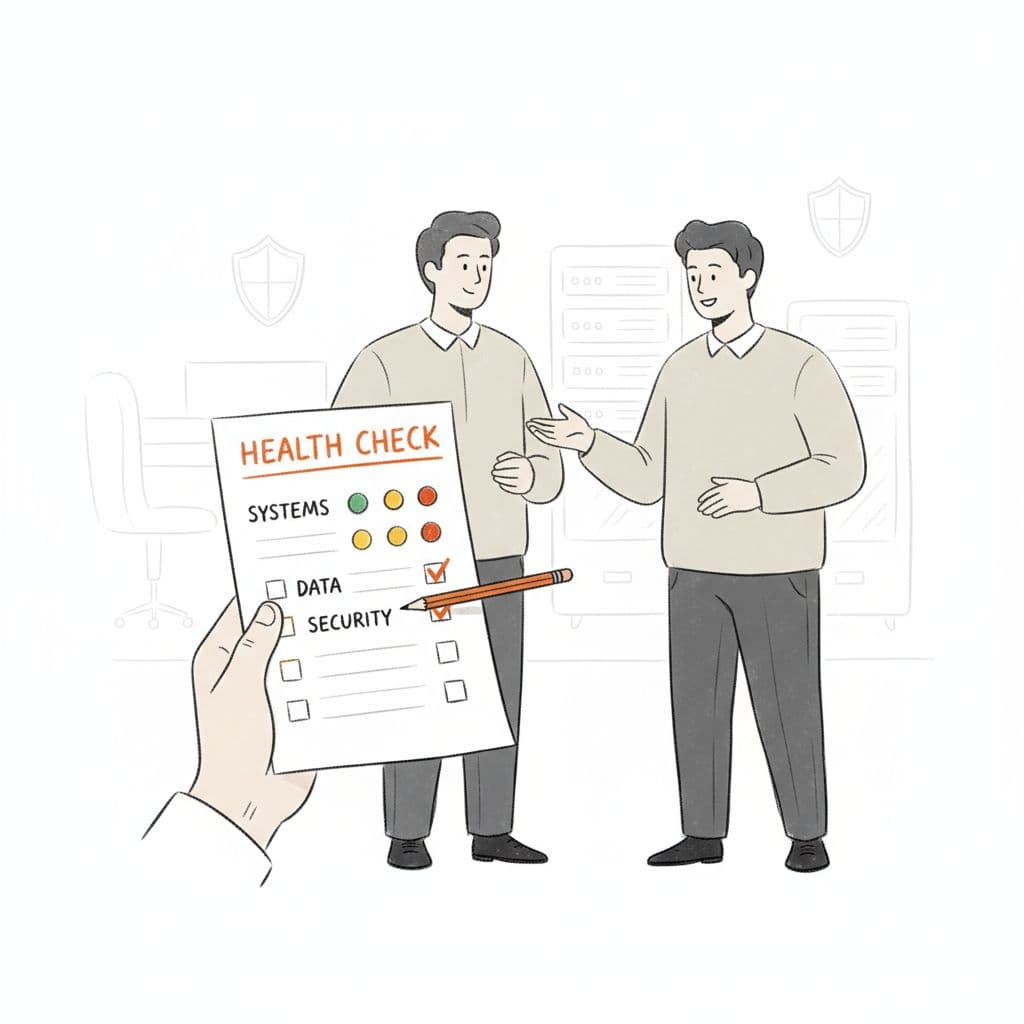 CEO reviewing a simple red, yellow, green technology health scorecard with an IT lead in an office setting. Image created with AI.