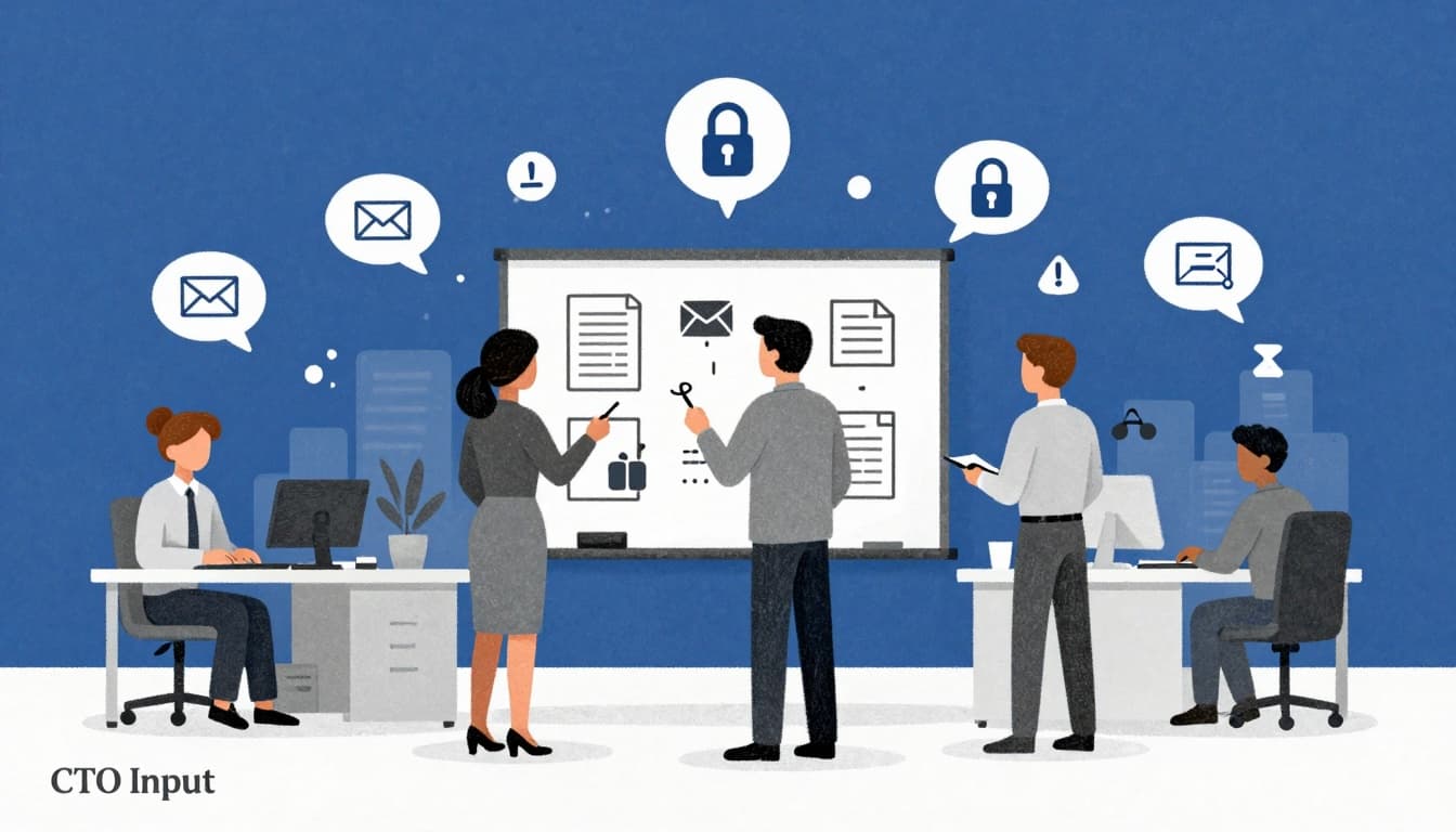 Minimalist editorial sketch-style line art of diverse justice organization staff in a modest office, mapping client data on a whiteboard with security icons, noting risks via thought bubbles of locks and warnings, in neutral tones with bold blue accents on a clean white background.