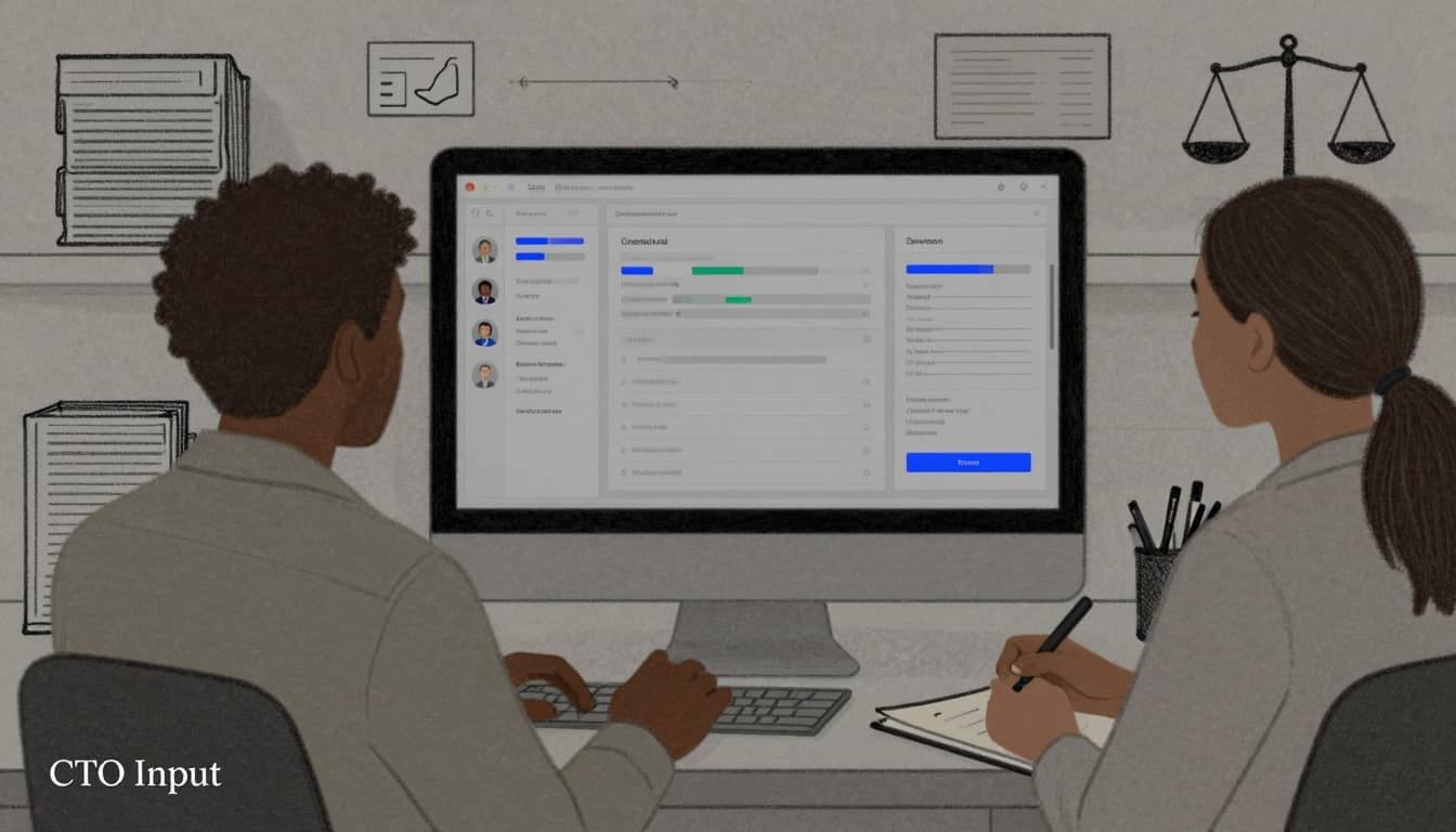 Minimalist editorial illustration in sketch-style line art showing an organized workspace for legal nonprofit staff, featuring a computer screen with a clean case management dashboard and two diverse professionals collaborating.