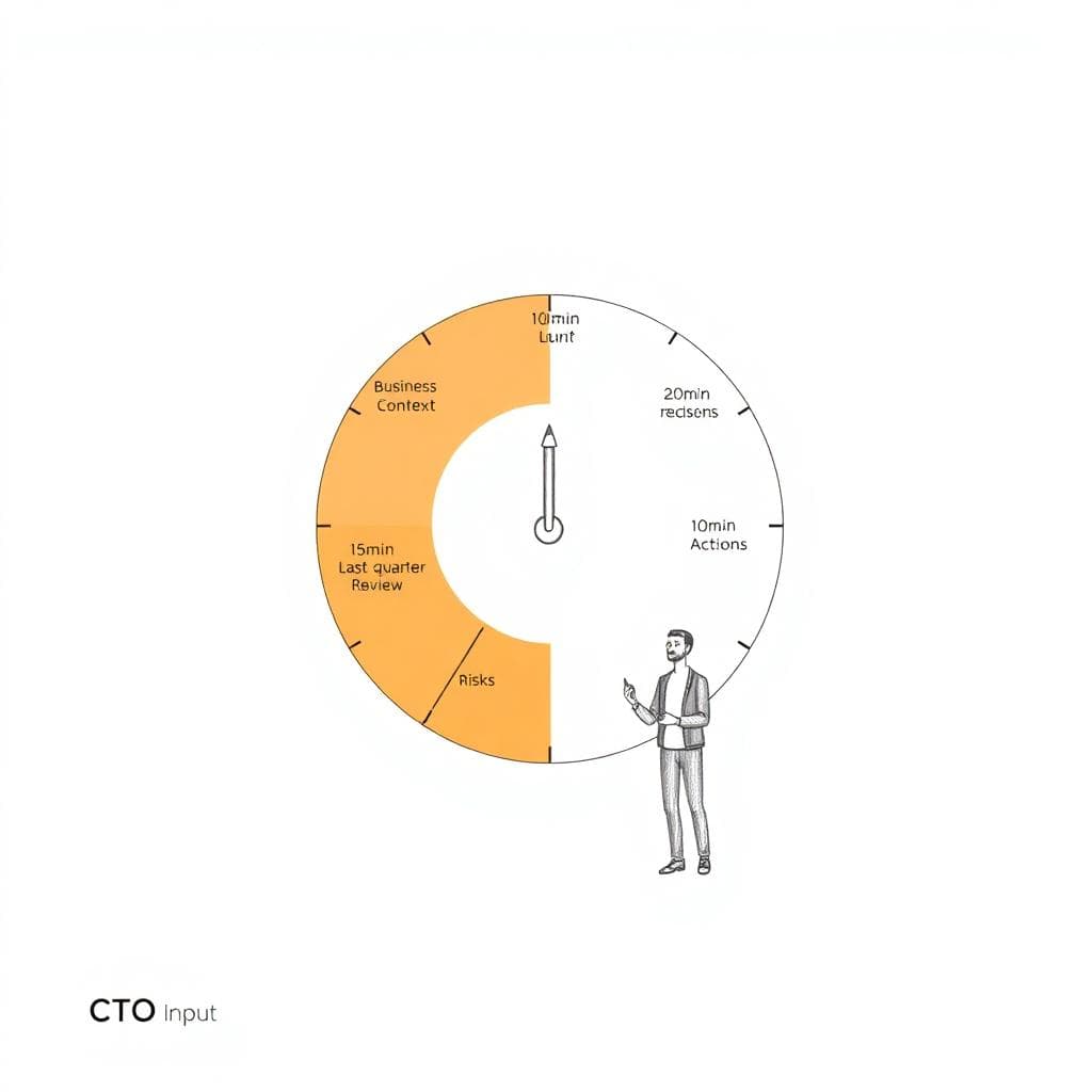 Minimalist pie chart style clock showing a 60 minute agenda split into focused time blocks.