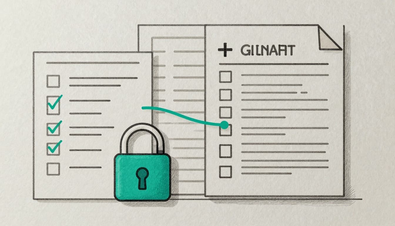 Minimalist sketch-style line art illustration depicting a checklist with ticks, security padlock, and version history audit trail alongside a grant report outline, with teal accents on a clean white background.