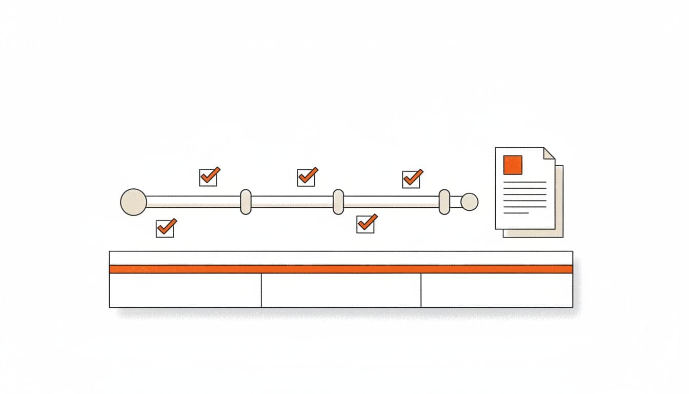 Minimalist sketch-style line art illustration featuring a horizontal three-month calendar timeline with a smooth pipeline flowing into a clean report document, highlighted by bold orange validation icons on a neutral-toned white background.