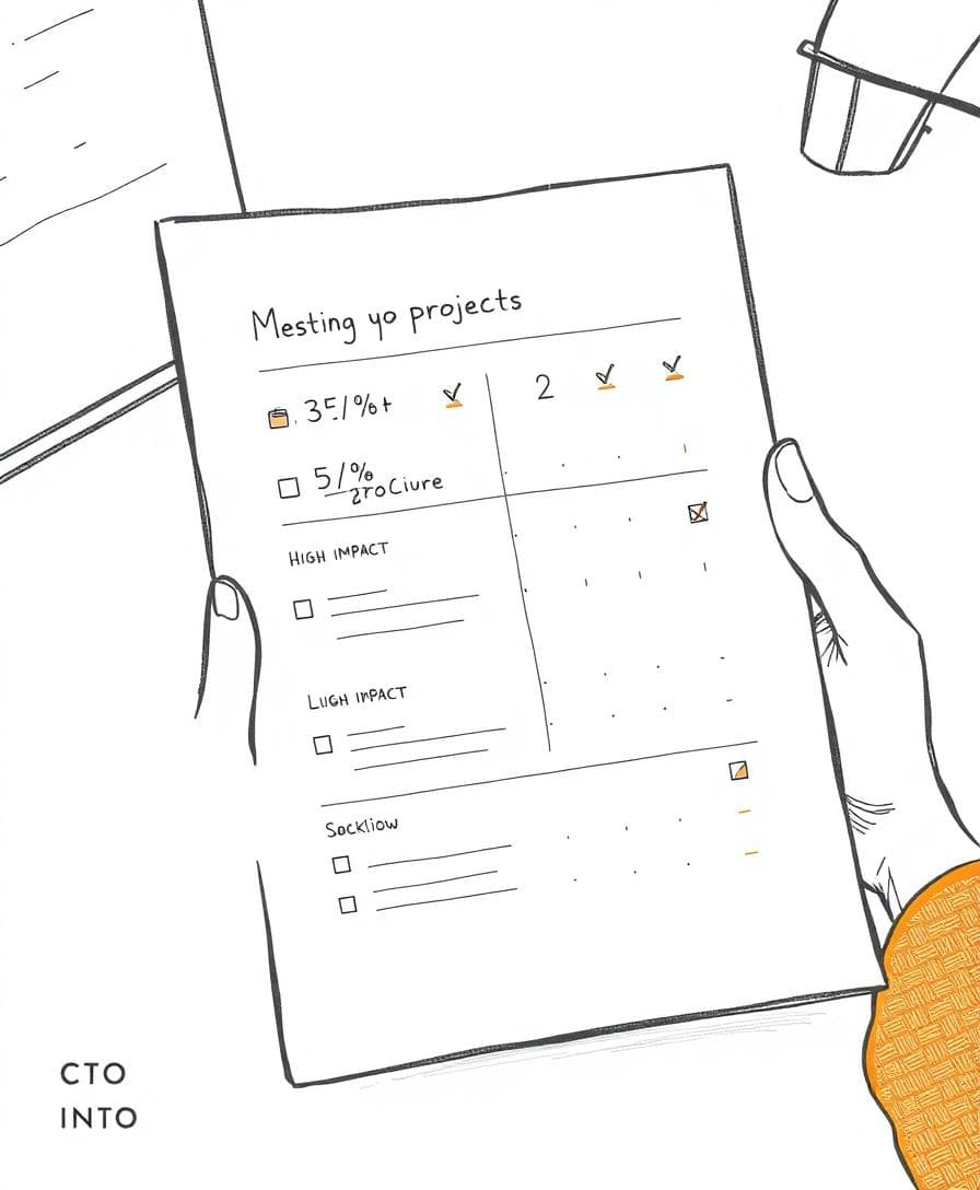 Minimalist sketch of a one-page priority dashboard with ranked projects and scores. Image created with AI.