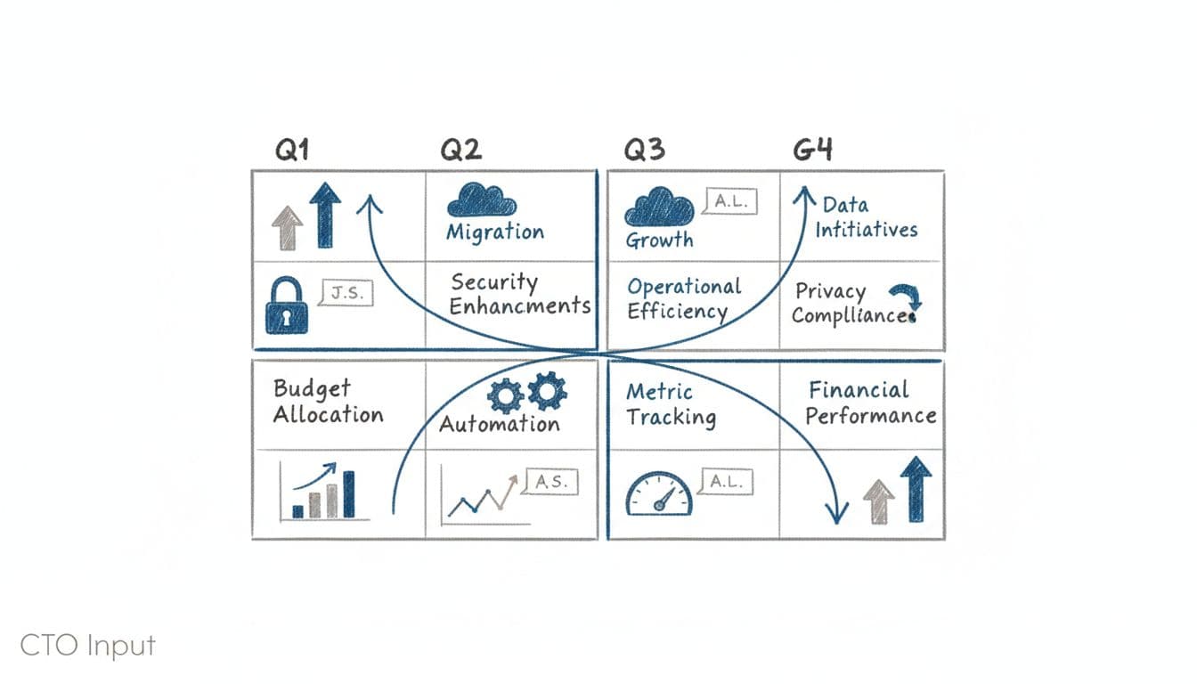 Illustration of a one-page 12-month technology roadmap with quarters, goals, and initiatives