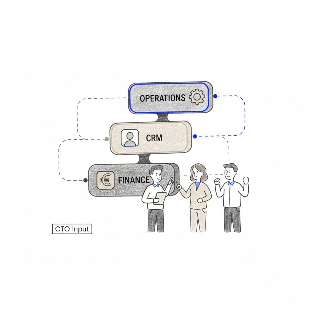 Illustration of a clean, organized stack of a few core platform blocks with leaders discussing confidently, representing a simplified tech stack. Image created with AI.