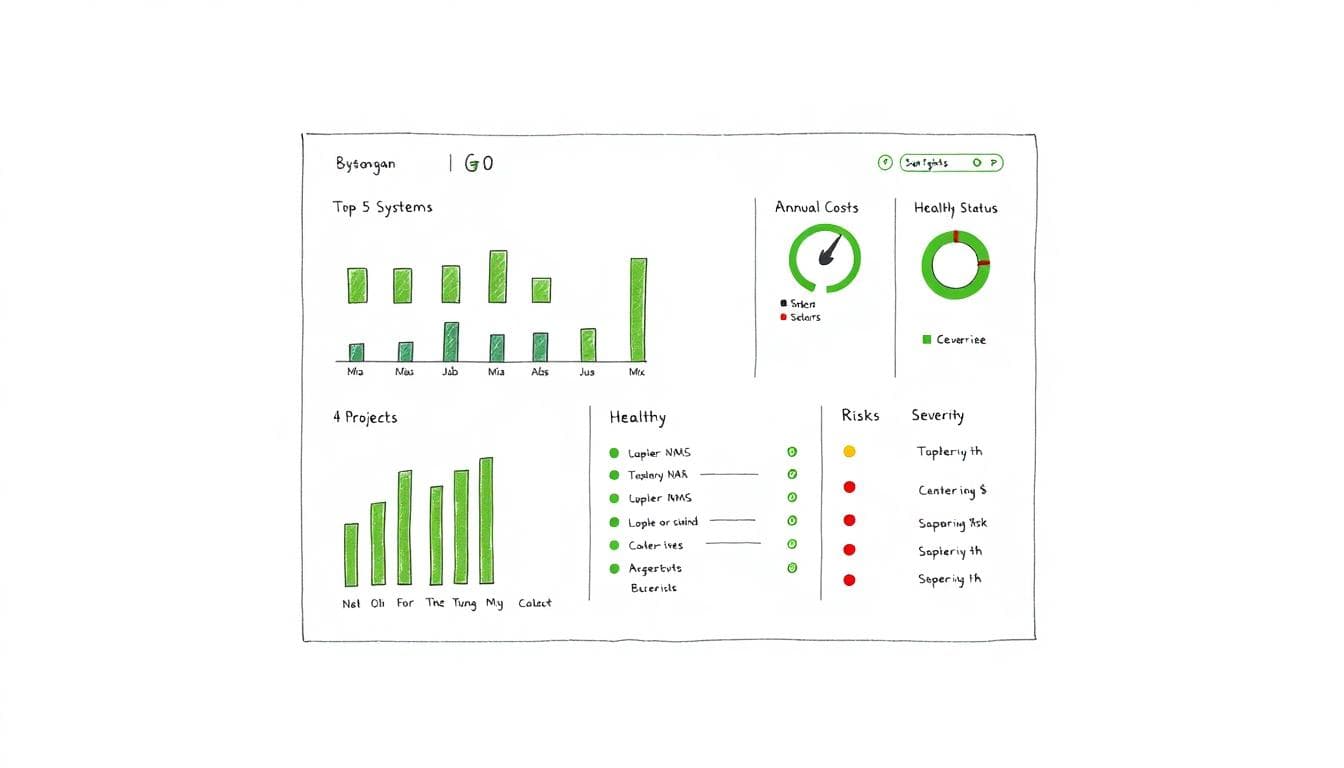 Minimalist one page dashboard summarizing systems, project health, and key risks using traffic light colors.