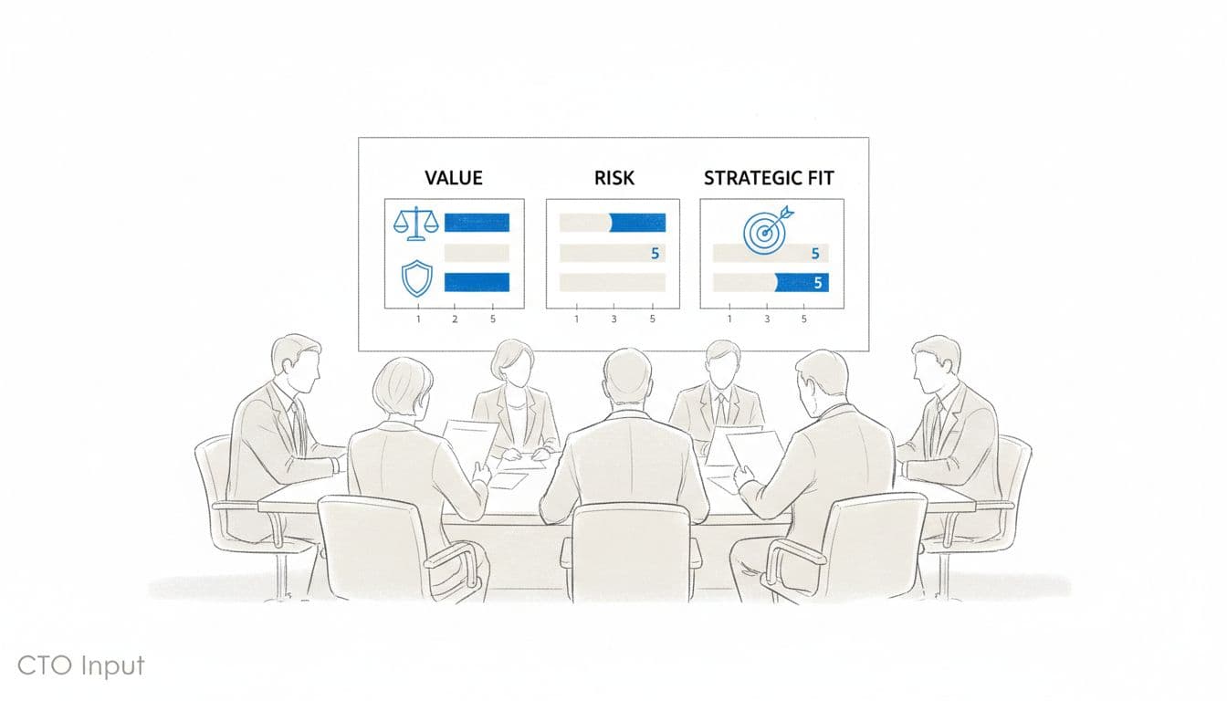 Minimalist illustration of a technology investment scorecard with value, risk, and strategic fit columns on a table in a boardroom