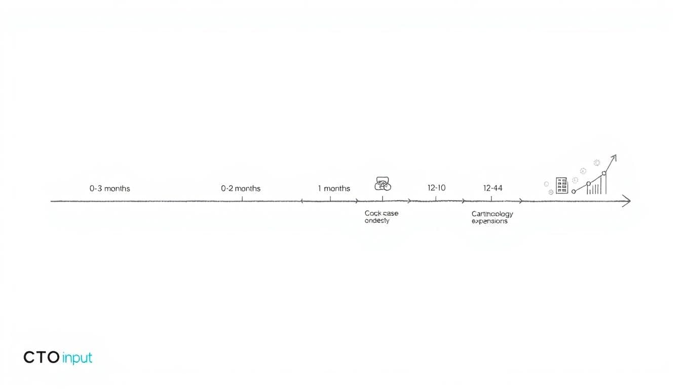 Minimalist illustration of a three-phase technology roadmap timeline for a mid-market company