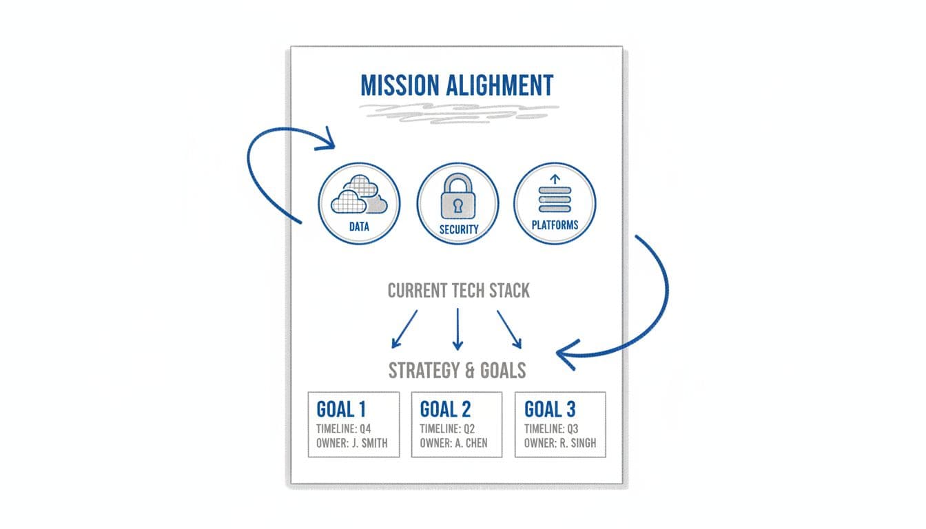 Clean line art illustration of a one-page technology strategy document with mission alignment, current tech stack icons like clouds and locks, and goals with timelines, connected by progression arrows.