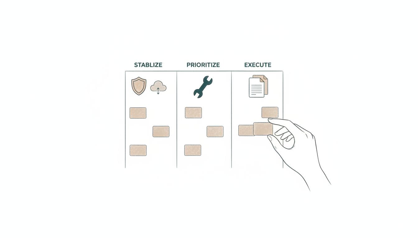 Sketch-style line art illustration of a calm Kanban triage board with three icon-labeled columns for Stabilize, Prioritize, and Execute, featuring floating task cards and a hand gently moving one on a clean white background.