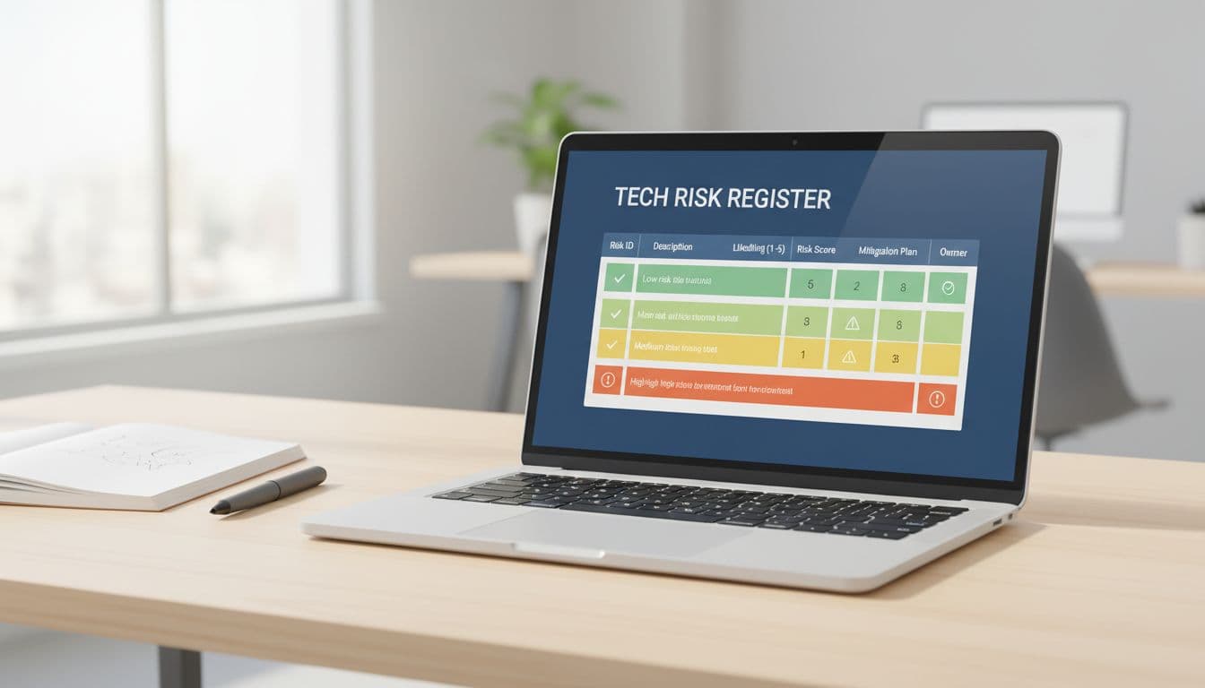 Modern digital dashboard showing a tech risk register on a laptop screen in an office