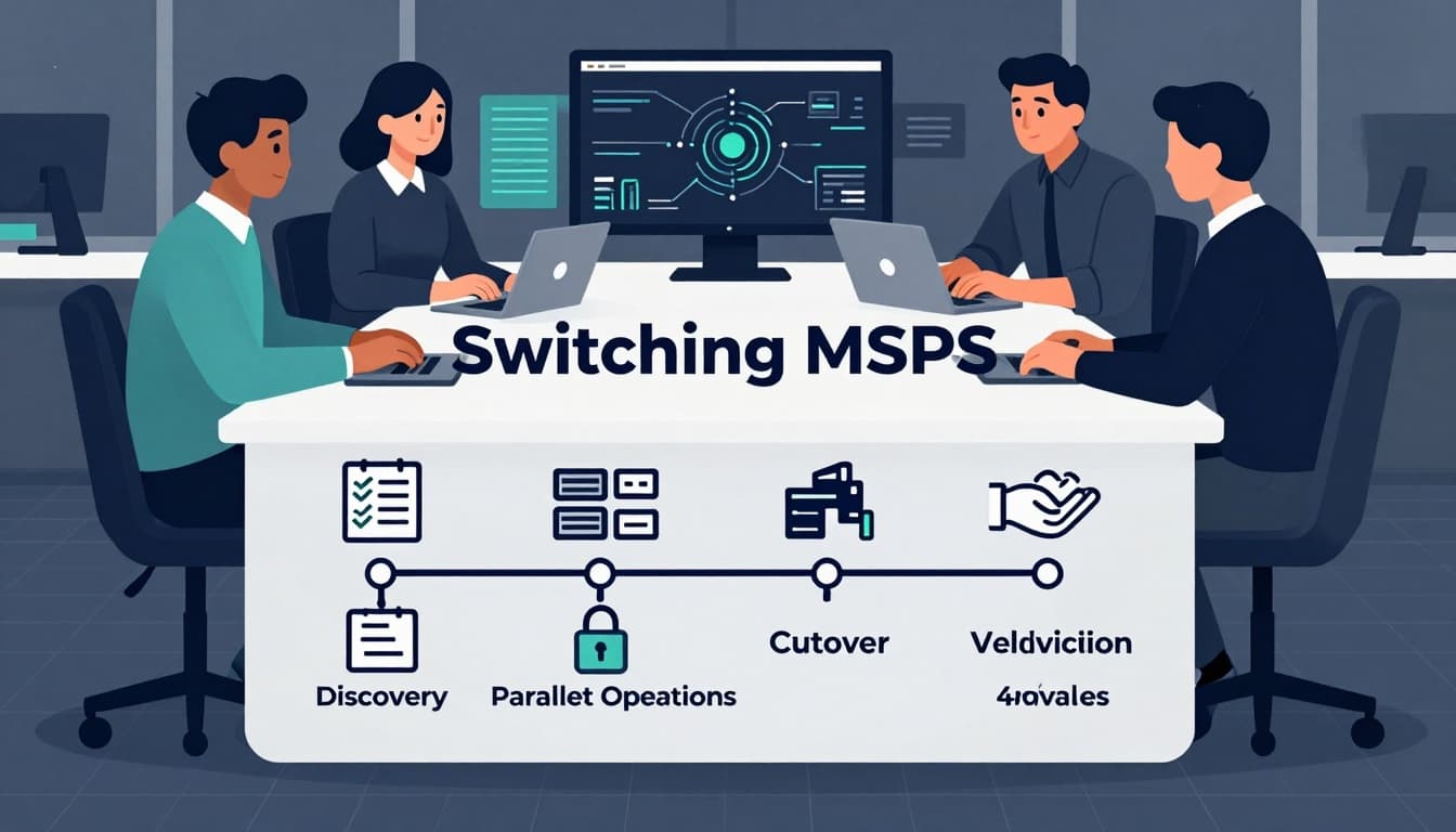 A clean, modern flat vector illustration for B2B MSP switching, featuring a 4-week flowchart timeline with icons for discovery, parallel operations, cutover, and verification, overlaid on IT teams collaborating in an office setting.