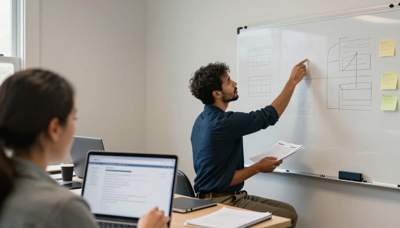 Over-the-shoulder view of two professionals in a calm New England office collaboratively reviewing a referral handoff checklist and contact plan on a whiteboard with abstract shapes. The scene evokes focused, trustworthy innovation with soft natural light and coastal tones.