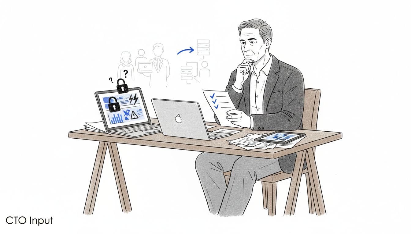 Nonprofit CFO reviewing cybersecurity and compliance checklists at a desk, with system icons and lock symbols in the background. Minimalist sketch style.