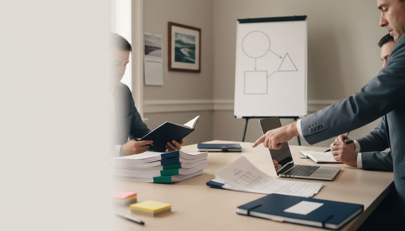 Professionals collaborate in a quiet nonprofit office, reviewing printed cyber risk summaries and a hand-drawn whiteboard dashboard during grant reporting, evoking calm focus and trustworthy governance.
