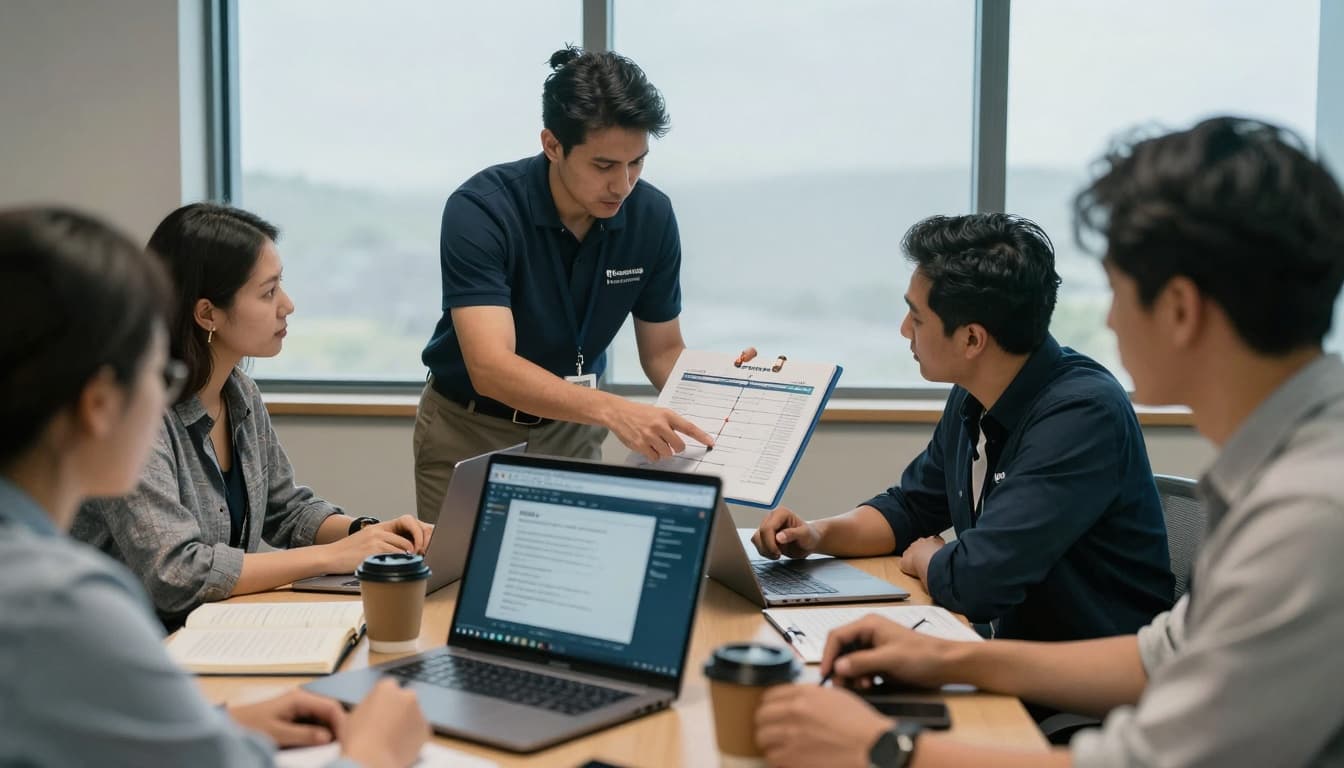 A small team of nonprofit staff in a conference room during the initial hours of a data breach response, collaboratively reviewing a timeline on a notepad and security alerts on a laptop.