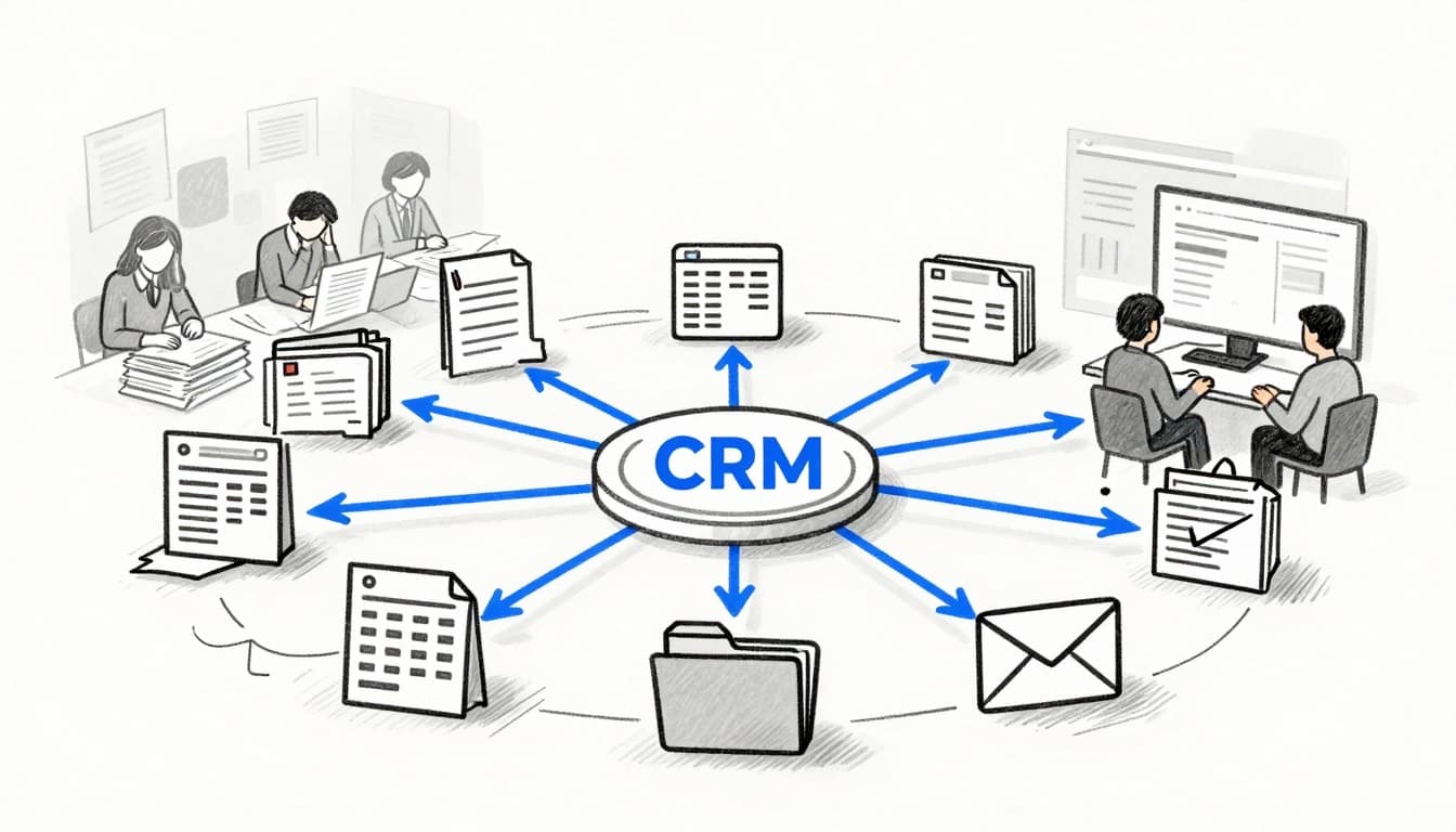 Minimalist sketch-style illustration showing scattered nonprofit tools calming into a central legal nonprofit crm integration with smooth blue connection lines, and stressed staff becoming calm as they view one shared dashboard. Image created with AI.