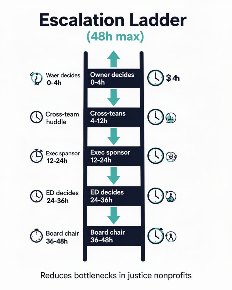 Clean, modern infographic depicting a 5-step vertical escalation ladder for Tech & Ops decisions in justice nonprofits, with time-bound rungs from owner to board chair.